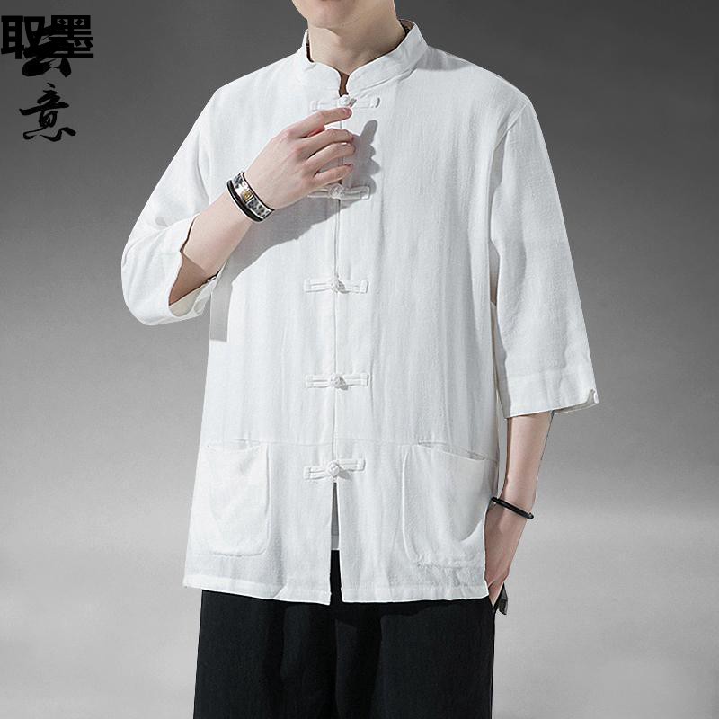 Summer Chinese Style Linen Short-sleeved Tang Suit Men's Retro Half-sleeved Hanfu Cotton Linen Husband Suit plus size Half-sleeved Tea Suit