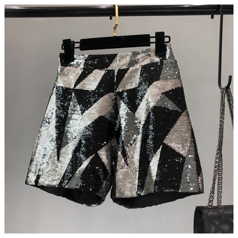 2022 New Style Distinctive Geometric Hong Kong Style Sparkling Wide Leg Pants Sequin Zipper High Waist Shorts All-match Trendy Women's Pants
