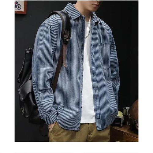 Champion brand water-washed striped denim long-sleeve shirt for men, autumn Japanese casual versatile blue shirt jacket