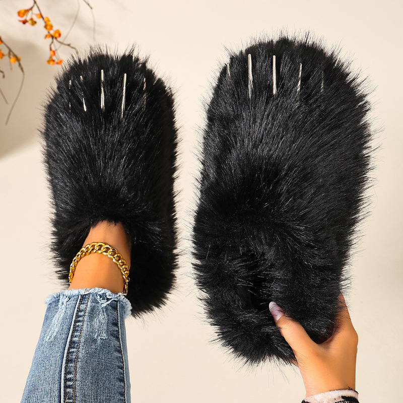 European and American style, fun, solid-color, metal-claw design, fluffy, plush slippers, flat-soled, winter, Y2K style, home slippers, warm cotton slippers