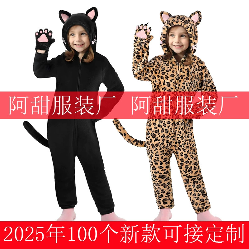 Детский аниме-комбинезон с принтом леопарда и кошачьих когтей, пижама-слип с мультяшными животными, домашняя одежда, новая модель 2025 года, черный цвет.
