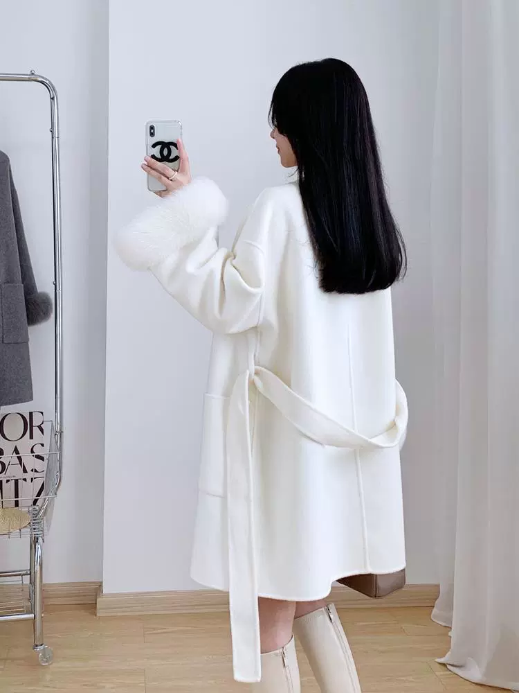 Double-sided cashmere long coat, jacket, 2023 collection, mid-length