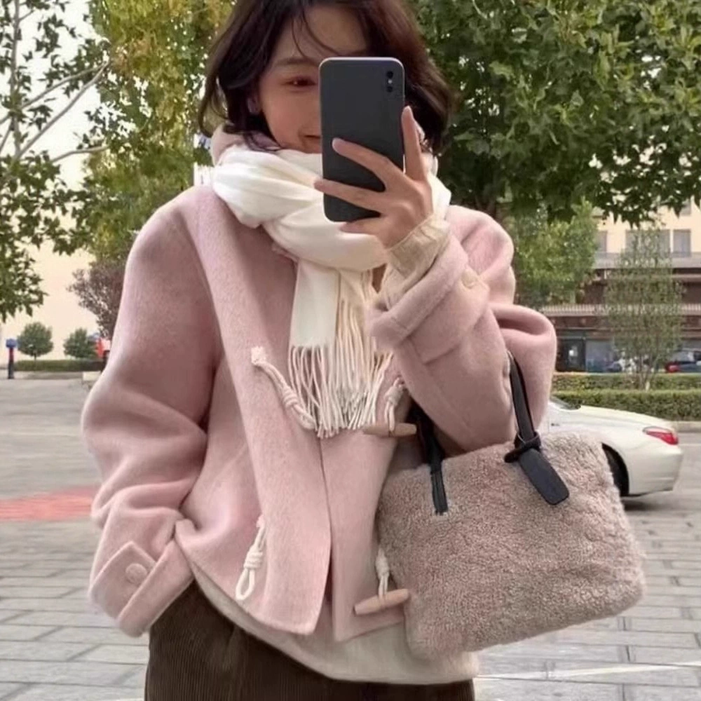 Осенняя и зимняя новая розовая маленькая шапка с шапкой двустороннее шерстяное пальто женская повседневная короткая шерстяная куртка