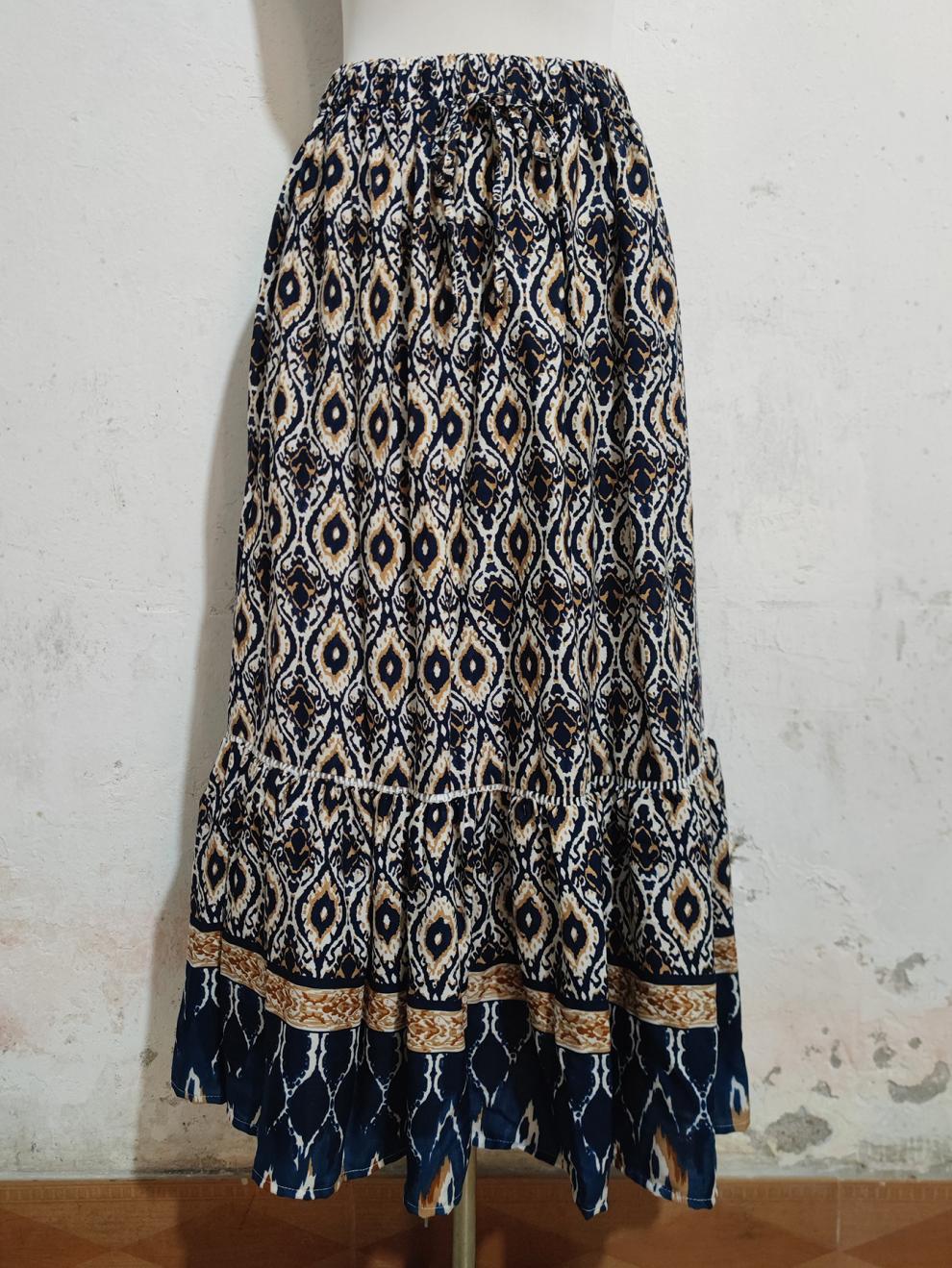 Bohemian European American Style Rayon Printed A-line Midi Skirt Vacation, Beach, And Seaside, With A Large Hemline For_ecoleips.com