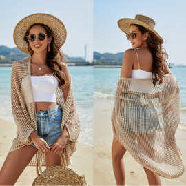 2023春夏跨境欧美外套镂空沙滩海边度假外贸针织防晒罩衫女式