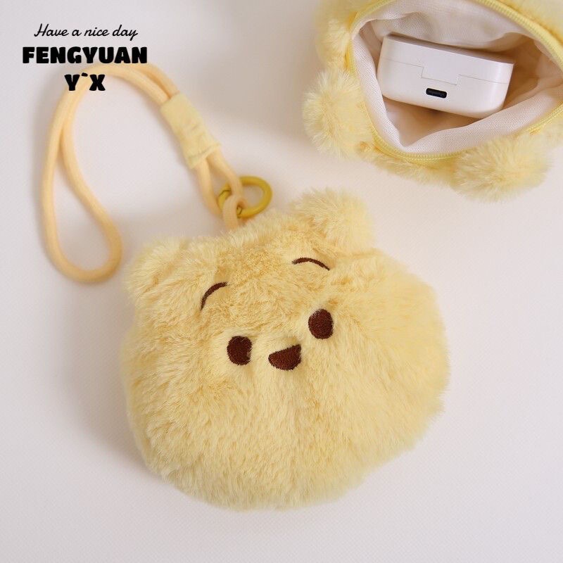 Cute Winnie the Pooh Bear Earphone Storage Bag Furry Coin Purse Handheld Portable Hanging Bag