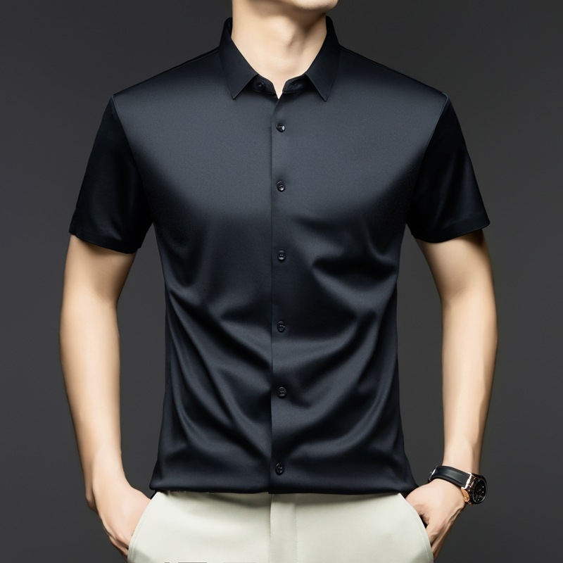 2025 Summer Ice Silk Short Sleeve Shirt Men's Business Casual Breathable Anti-Wrinkle Seamless Solid Color Versatile Shirt Men