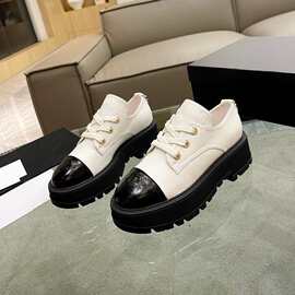 高品质小香风真皮厚底乐福鞋女圆头系带休闲单鞋拼色小个子增高鞋