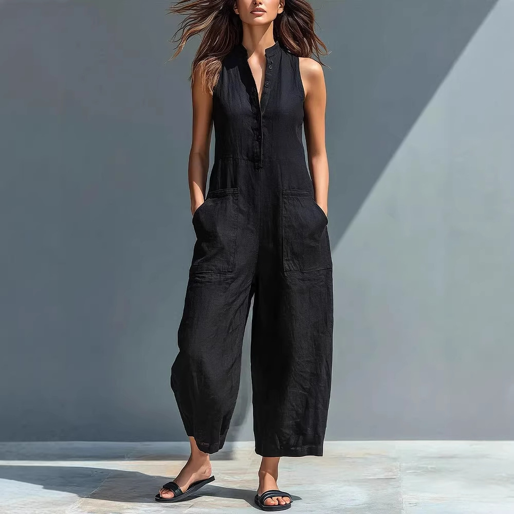 Women's Casual Sleeveless Stand Collar Jumpsuit with Pockets Fashionable Romper for Ladies_voghion.com