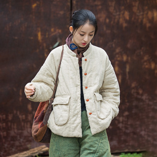 2025 Winter Women's New Ramie Quilted Warm Cotton Jacket with Improved Button Closure and Stand Collar, Versatile Women's Short Cotton Coat