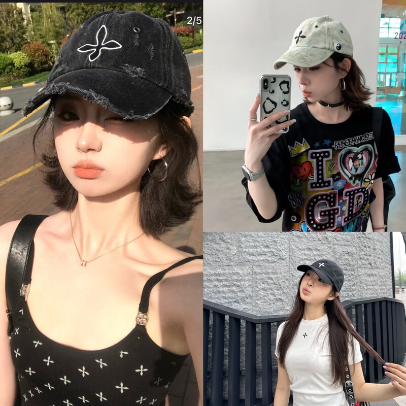 Smfk Cross Flower Baseball Cap Embroidered Letters Denim Casual Sports Adjustable Sunshade Curved Brim Duck Cap