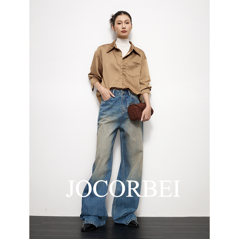 JOCORBEI [American Street Fashion Fan] Retro Washed High Waist Wide Leg Jeans Women's Straight Pants