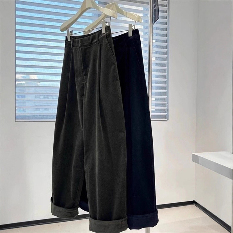 European New Style High-End and Beautiful Cuffed High-Waist Casual Wide-Leg Corduroy Commuter Straight Pants for Women in Autumn and Winter European New Style High-End and Beautiful Cuffed High-Waist Casual Wide-Leg Corduroy Commuter Straight Pants for Women in Autumn and Winter
