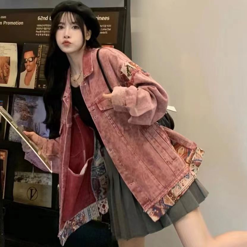 duohui拼接牛仔甜酷辣外套女2024年早春别致休闲工装古着情侣夹克