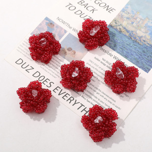 Retro Hong Kong style dark red crystal camellia diy hand woven beaded hairpin hair accessories earrings material wholesale