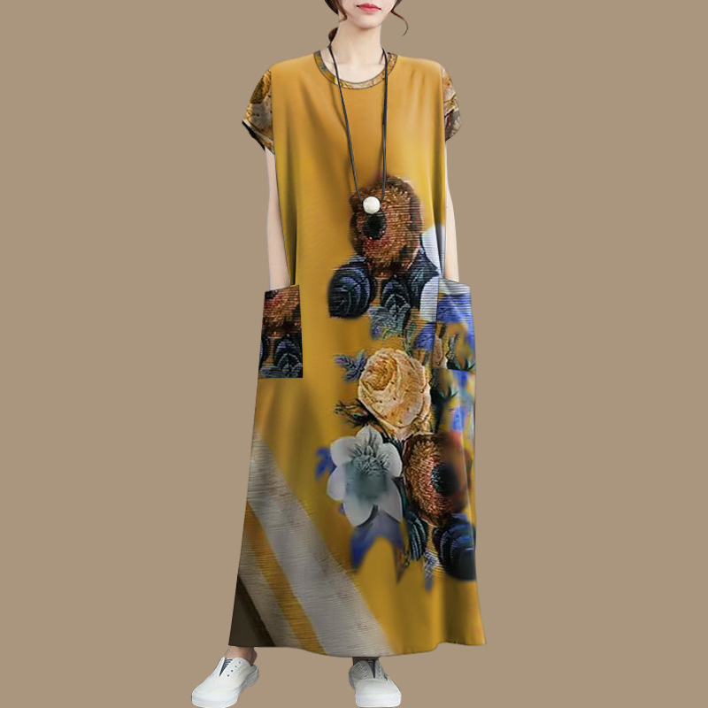 Wholesale 2026 Spring/Summer Women's Hot-Selling Plus Size Age-Reducing Printed Loose Short-Sleeve Long Dress Wholesale 2026 Spring/Summer Women's Hot-Selling Plus Size Age-Reducing Printed Loose Short-Sleeve Long Dress