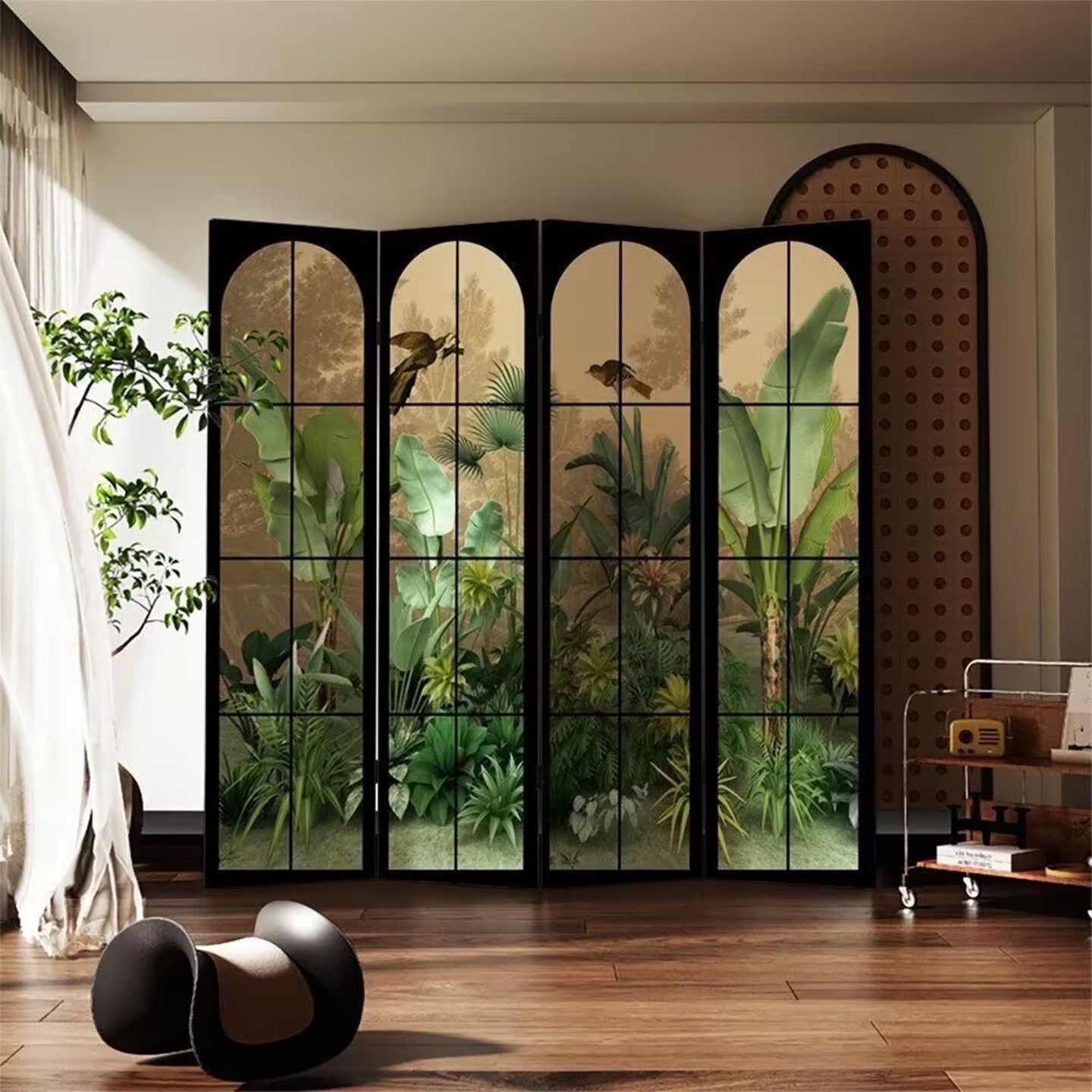 Chinese-style screen partition for office and living room, to block off the bedroom entrance, movable and foldable, with custom landscape, floral, and bird motifs
