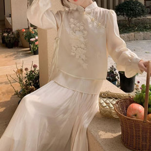 2025 Summer New New Chinoiserie Literary Retro Chinoiserie Airplane Sleeve Stand Collar Shirt Top Elastic Skirt