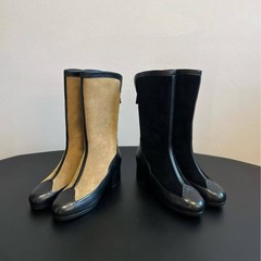南油高定带飞机盒牛皮版秋冬小香风麂皮撞色圆头粗跟后拉链中筒靴