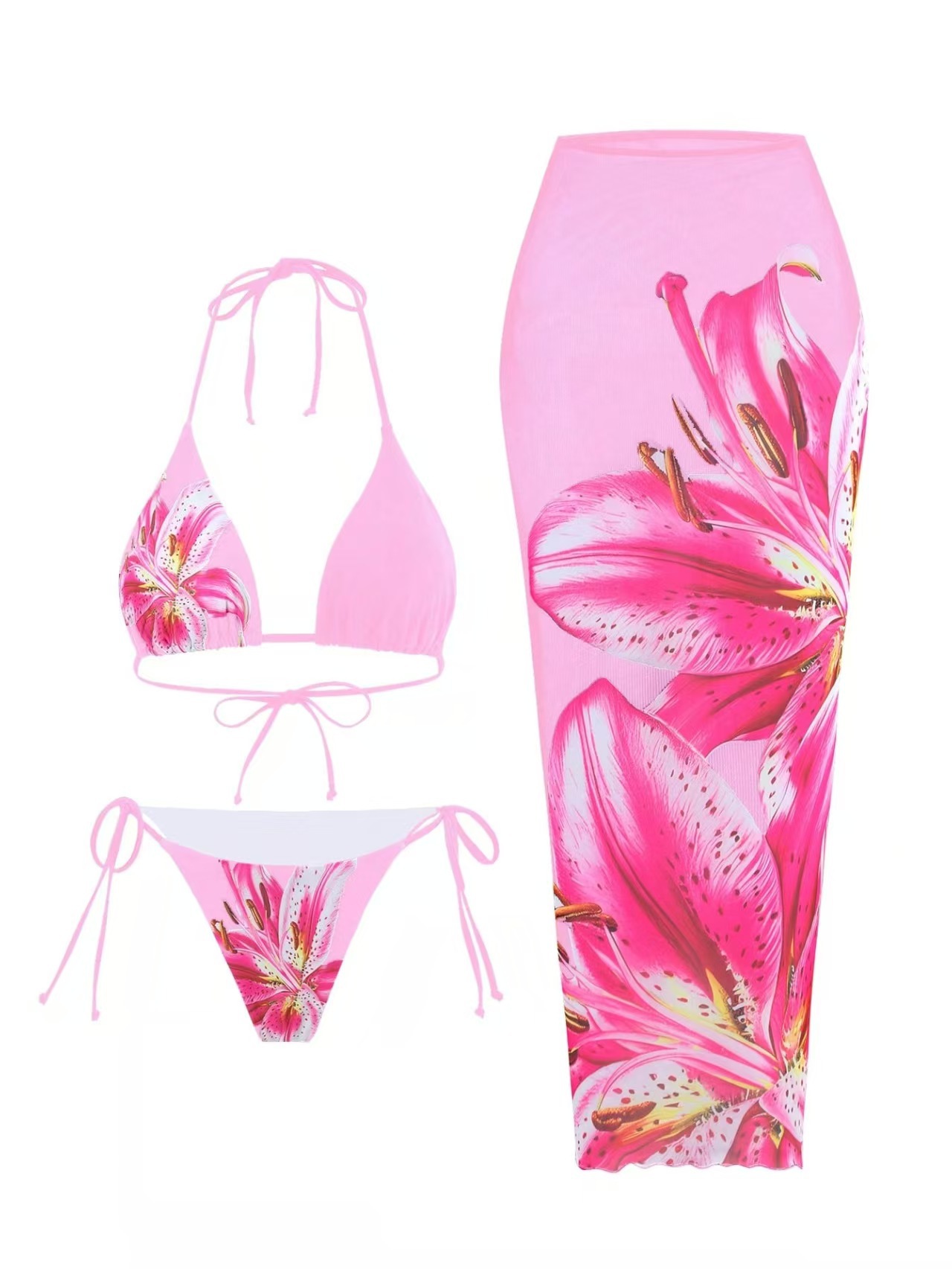 Women's Lily Print Three Piece Bikini Set With Wrap Skirt_voghion.com