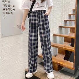 实拍2023春秋新款复古格子休闲高腰显瘦宽松阔腿裤学生百搭长裤女
