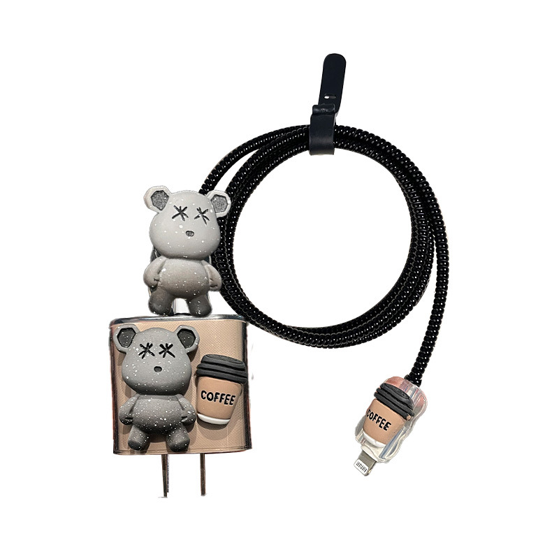Funda protectora para cargador Apple de 20W, estilo oso violento color café, para cabezal de carga rápida, carcasa antiarañazos, cable de datos antirotura.