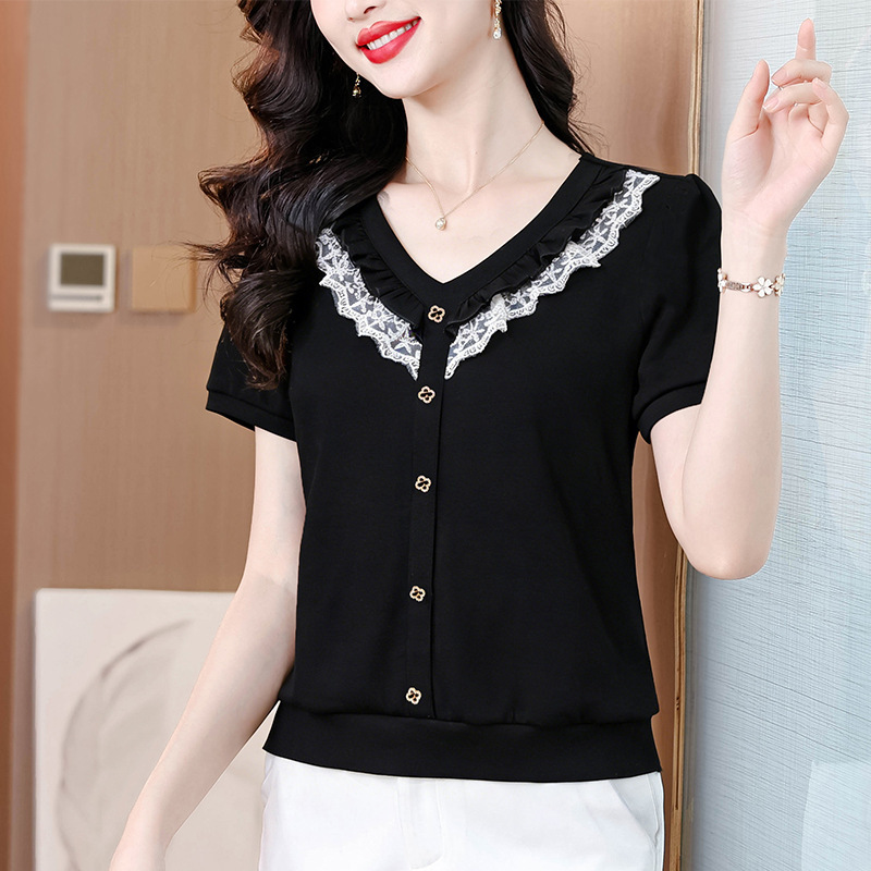 Black Lace-Trimmed V-Neck Short-Sleeve Shirt for Women, 2026 New Summer Style, Slimming and Elegant Top for Women