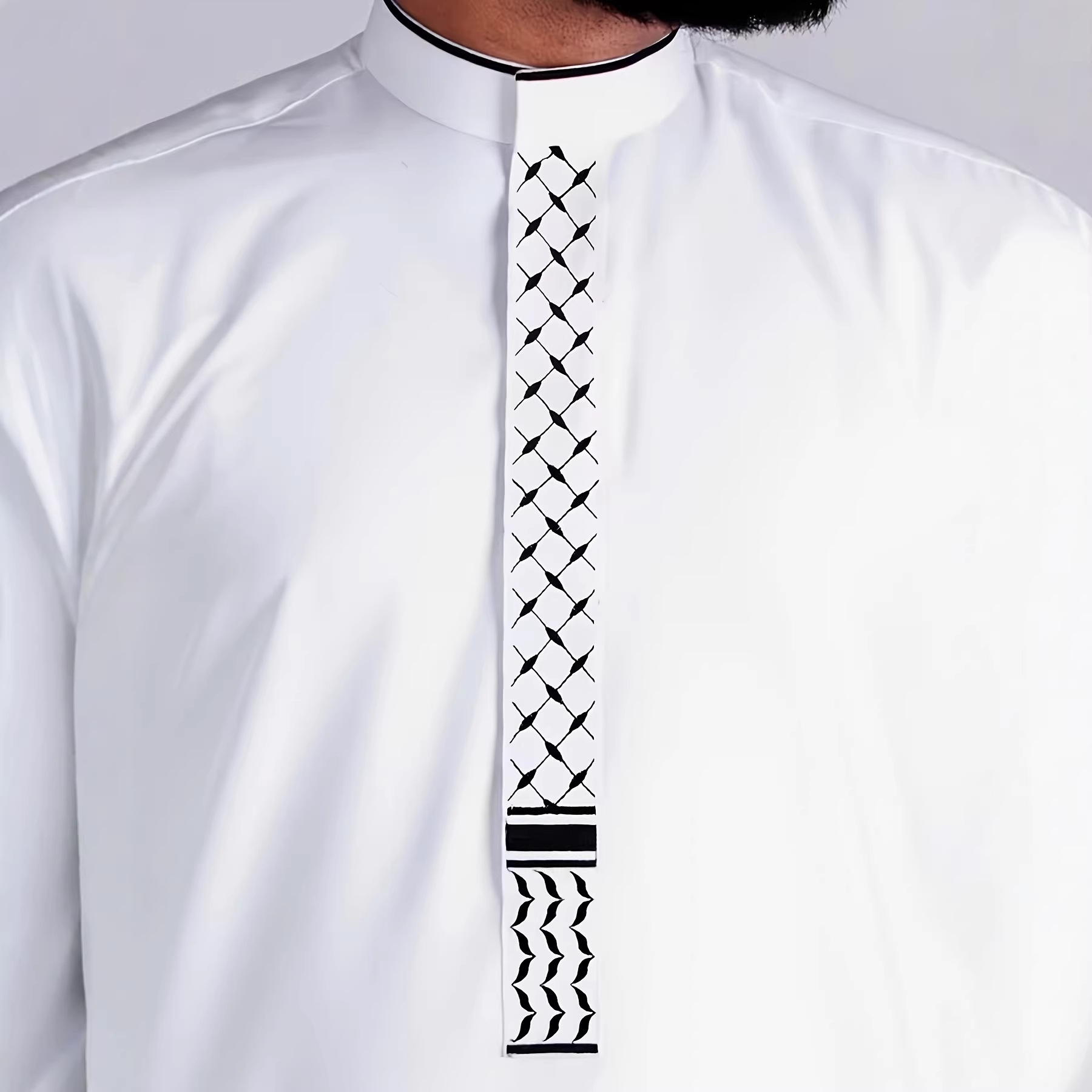 White Embroidered Arabic Thobe Men's Middle Eastern Style Robe_voghion.com