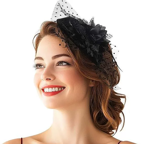 Vintage Elegant Veil Fascinator Bridal Wedding Feather Hair Accessory Black Feathered Mesh Tea Party Hat