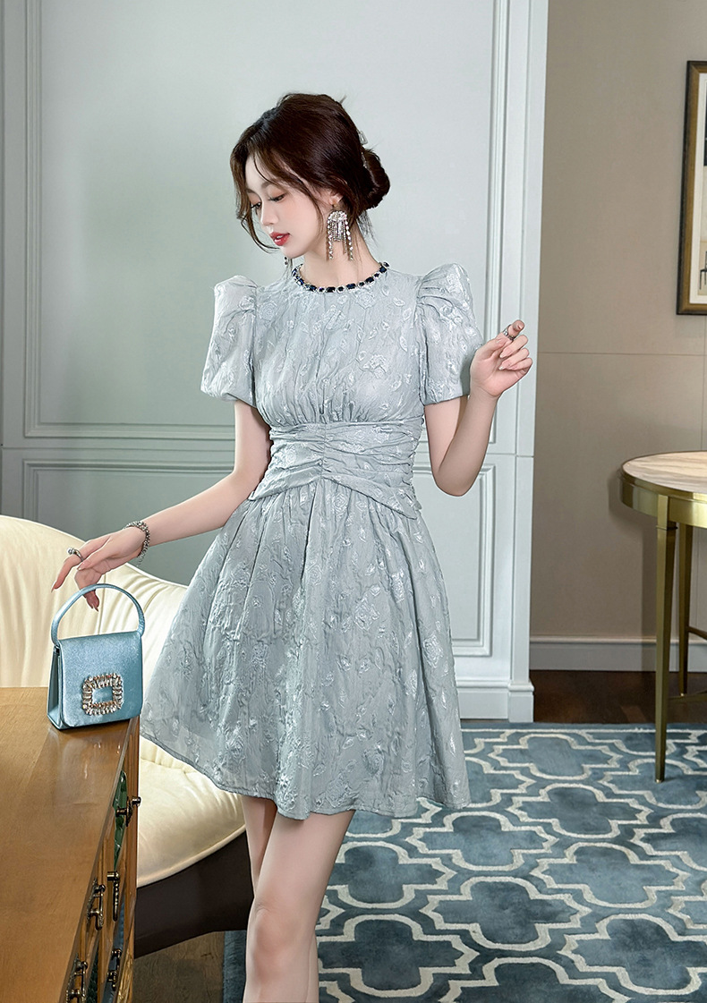Váy chữ A retro cổ tròn tay bồng eo thon dáng xòe — Màu xám chi tiết 4