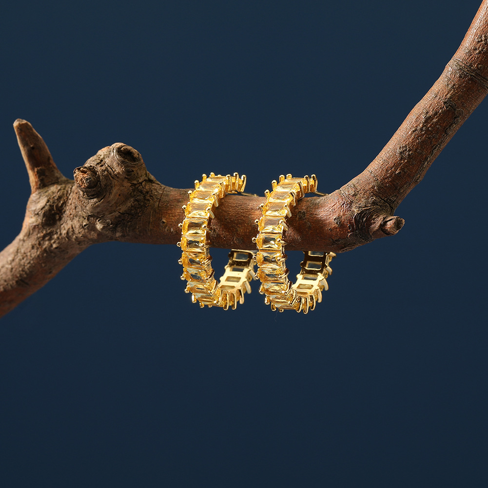 Glam C Shape Copper Gold Plated Zircon Earrings 1 Pair