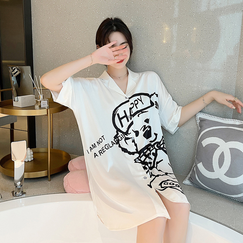 Boyfriend Style Shirt Dress Female Internet Celebrity Pajamas Summer Thin Ice Silk Nightgown Printed High-End Home Clothes Can Be Worn Outside