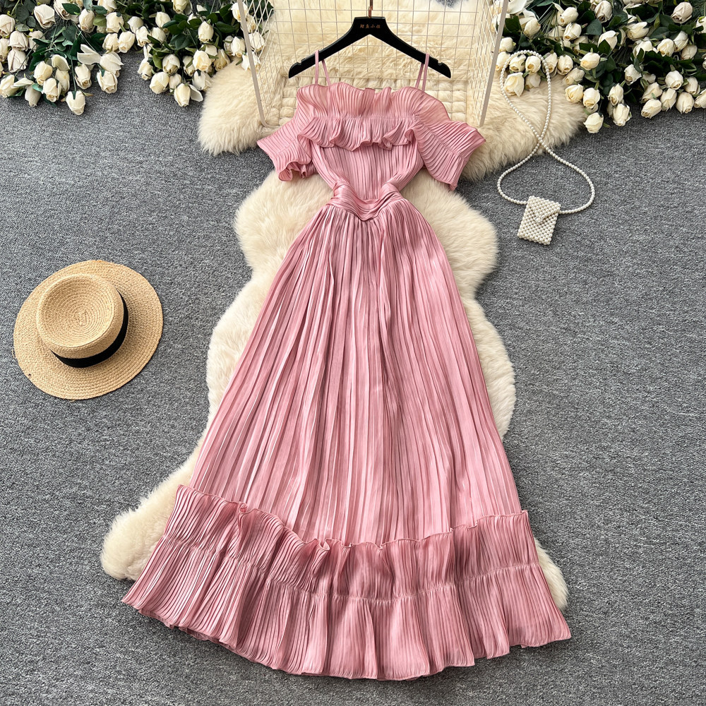 French Style Off-Shoulder Spaghetti Strap Dress Korean Waist Cinching Summer Elegant Long Dress for Vacation_ecoleips.com