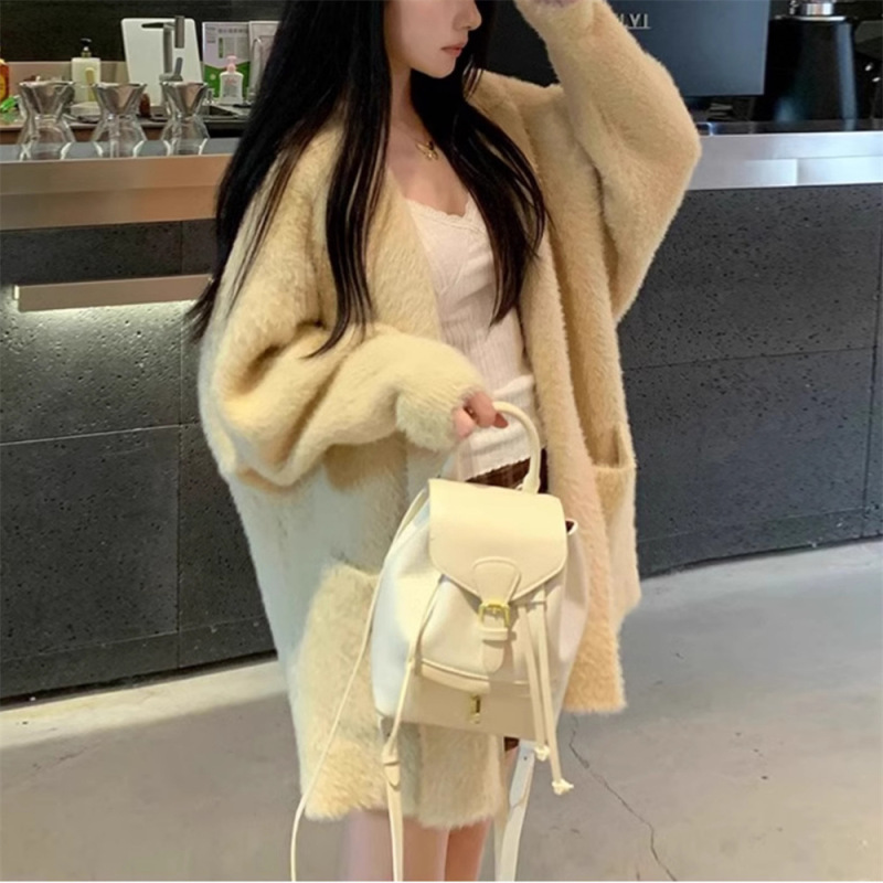 仿水貂绒连帽毛衣开衫女秋冬新款宽松中长款加厚软糯针织衫外套女|undefined