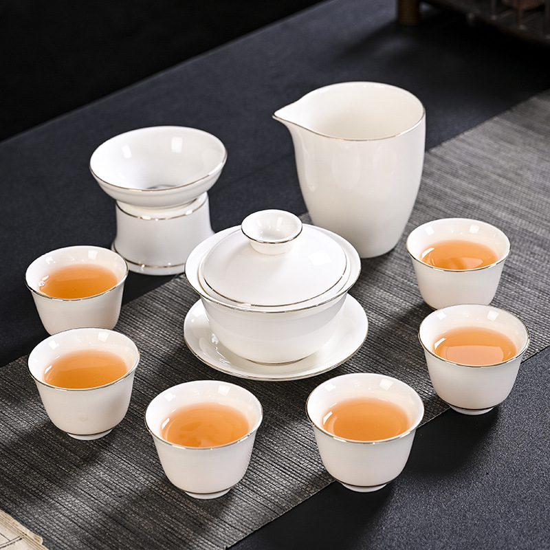 Sheng Xiang New products high-grade ceramics tea set Suet jade Porcelain a complete set Cover bowl 10 suit Tea ceremony Gift of tea glass