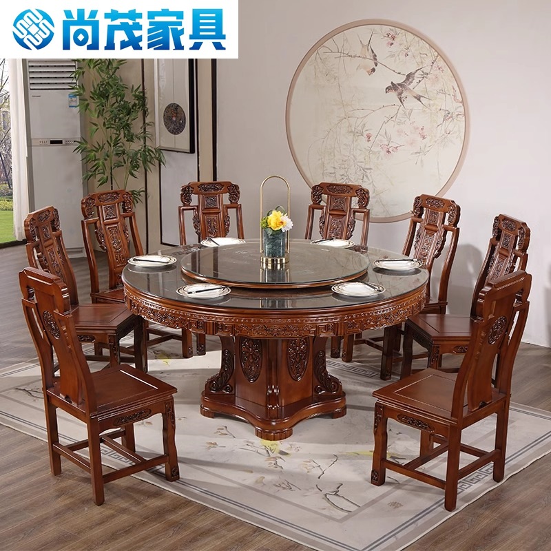中式全实木餐桌椅组合雕花圆形带转盘10人橡木大圆桌家用吃饭桌子