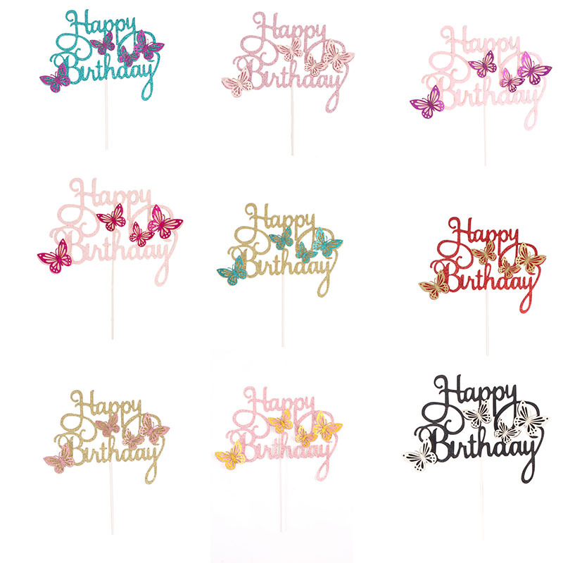 Decoración de fiesta postre multicolor horneado tarjetas feliz cumpleaños letras inglesas tarjetas mariposas