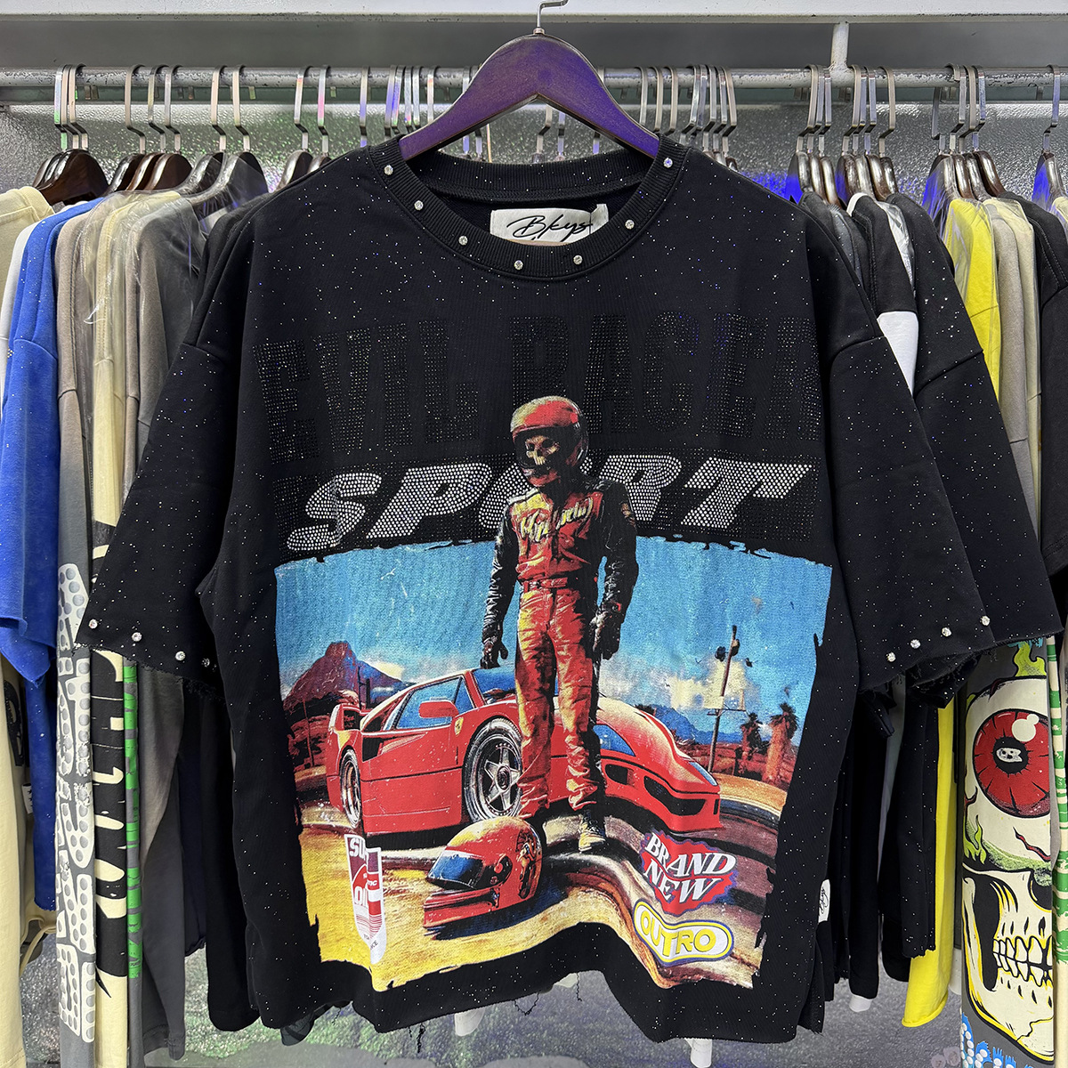 Transfronterizo nueva venta en caliente BKS camiseta de manga corta extraña esqueleto retro lavado de agua caliente perforación en caliente para hombres y mujeres de moda en stock lotes