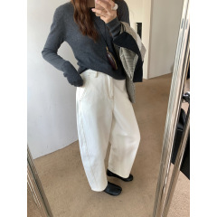 GAGD 立裁复古撞色明线白色高腰宽松圆弧弯刀牛仔裤女九分裤香蕉