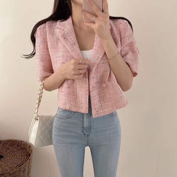 Korean Chic Style Small Fragrance Suit Collar Double-Breasted Two-Button Loose Puff Sleeve Tweed Short Jacket for Women