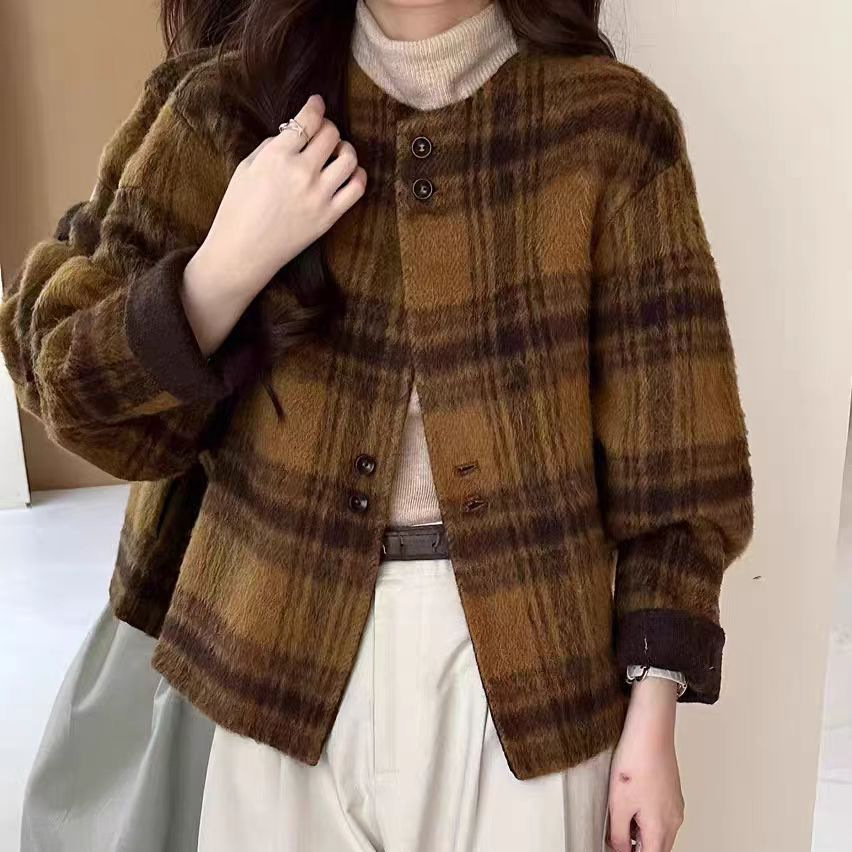 Korean Plaid Round Neck Double-Sided Cashmere Outwear Women's Short 25 Autumn and Winter Loose Cocoon-Shaped Woolen Outwear for Small People