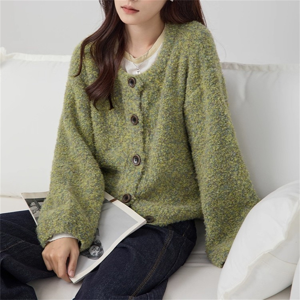 Suéter de cuello redondo de anillo glutinoso suave, abrigo de ropa de mujer, otoño y invierno, nuevo estilo suelto y delgado, cardigan de punto perezoso.