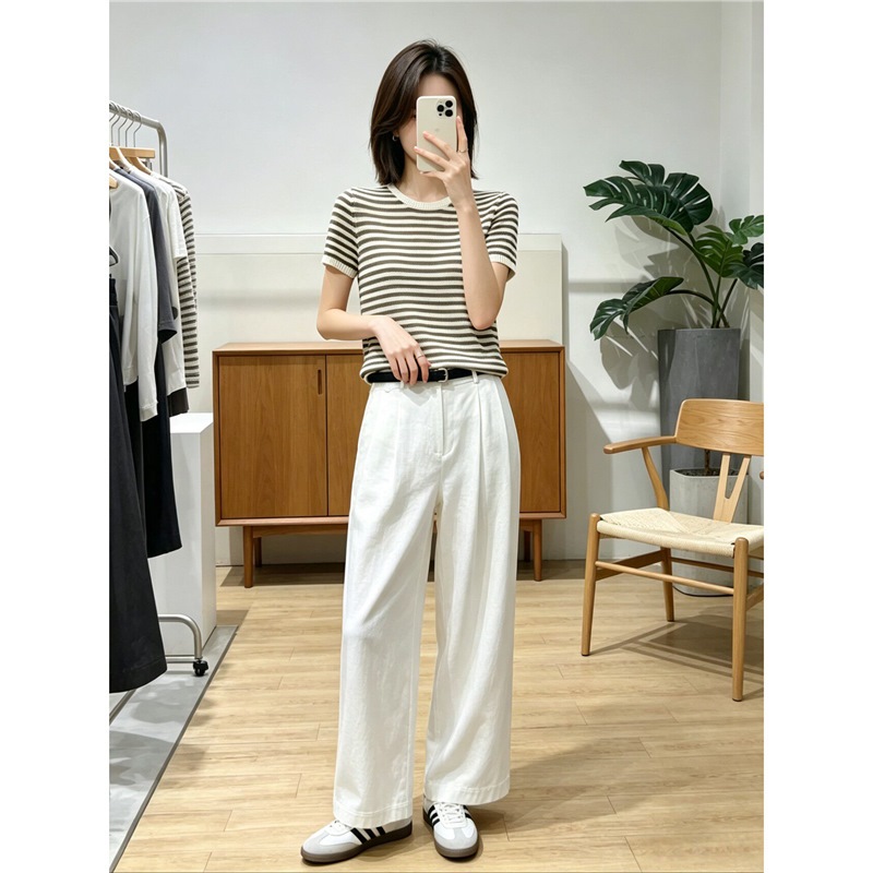 MM wheat series 2026 new summer style light coffee and paper yarn breathable right shoulder short-sleeved sweater for women 5H5932152 4