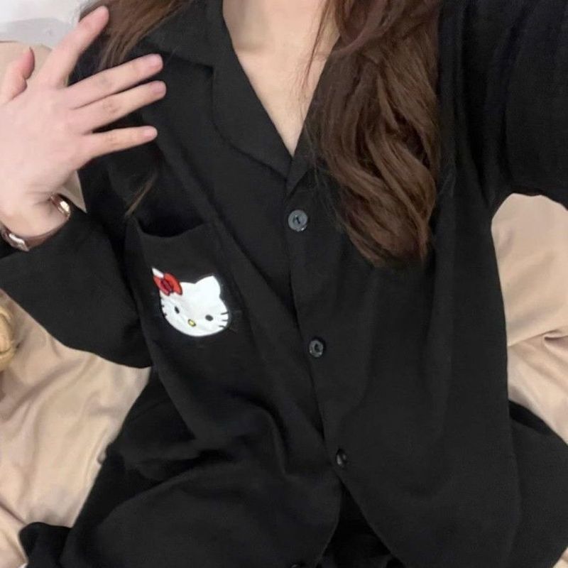 リボンキティ猫韓国語版インかわいいパジャマ女性のための春と秋の新しい長袖ズボンホーム服は屋外で着用できます|undefined