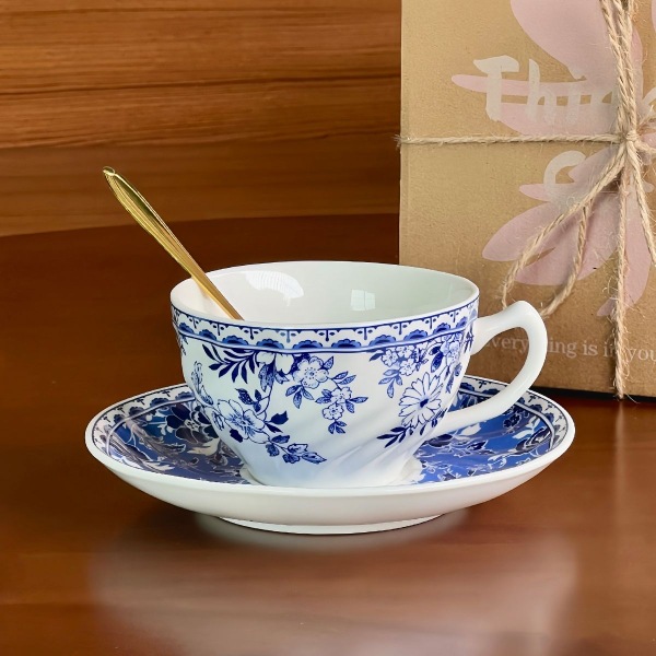 Conjunto de tazas y platos de café de porcelana azul, set de tazas y platos de café de cerámica, set de tazas y platos de café de la tarde, M cucharada de tazas y platos de desayuno