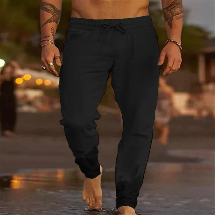 Nuovi pantaloni casual da spiaggia larghi in lino di cotone tinta unita con coulisse_voghion.com