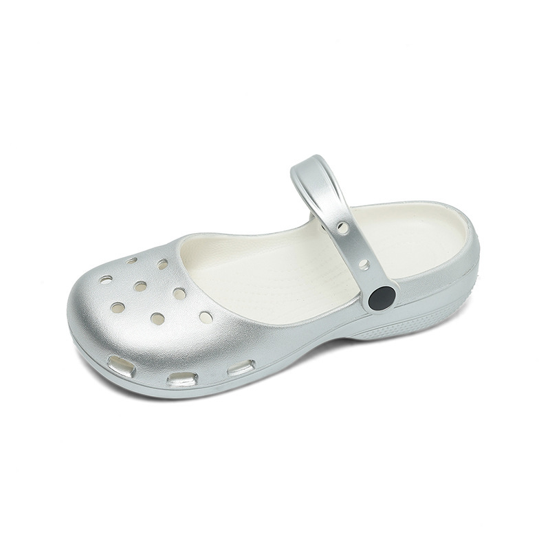 Silver-White Ballet-Style Perforated Shoes for Women, Summer 2026 New Model, Outdoor Non-Slip Beach Clogs, One-Piece Drop Shipping