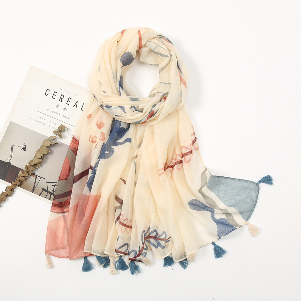 Japanese and Korean Style Sweet Fashion New Cotton Linen Feel Bali Yarn Scarf Scarf Women's Spring and Summer Beige Tassel Shawl