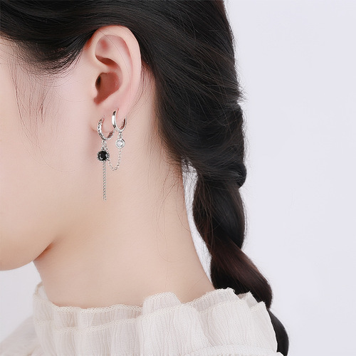Yunchaoxuan S925 sterling silver Internet celebrity trendy and cool personality double ear buckle black zircon tassel niche design earrings