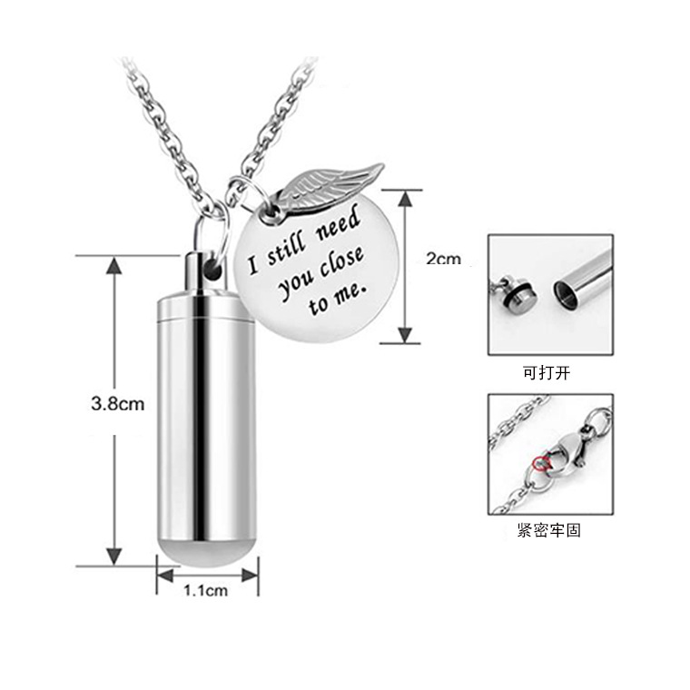 Amazon caliente venta conmemorativa de mascotas cenizas collar hombres y mujeres cilíndricas colgante alas de acero titanio plata colgante